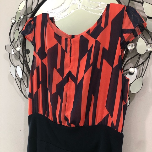 MNG by Mango Geometric Navy/Coral Cap sleeve Key hole Front Sheath Dress Small - Picture 9 of 16